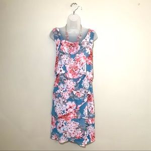 Connected Apparel Floral Sleeveless Midi Dress Tiered Teal Pink Size 8